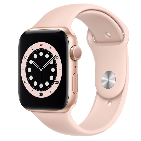 Apple Watch Series 6 (GPS)；44 公釐金色鋁金屬錶殼；粉沙色運動型錶帶 - 標準