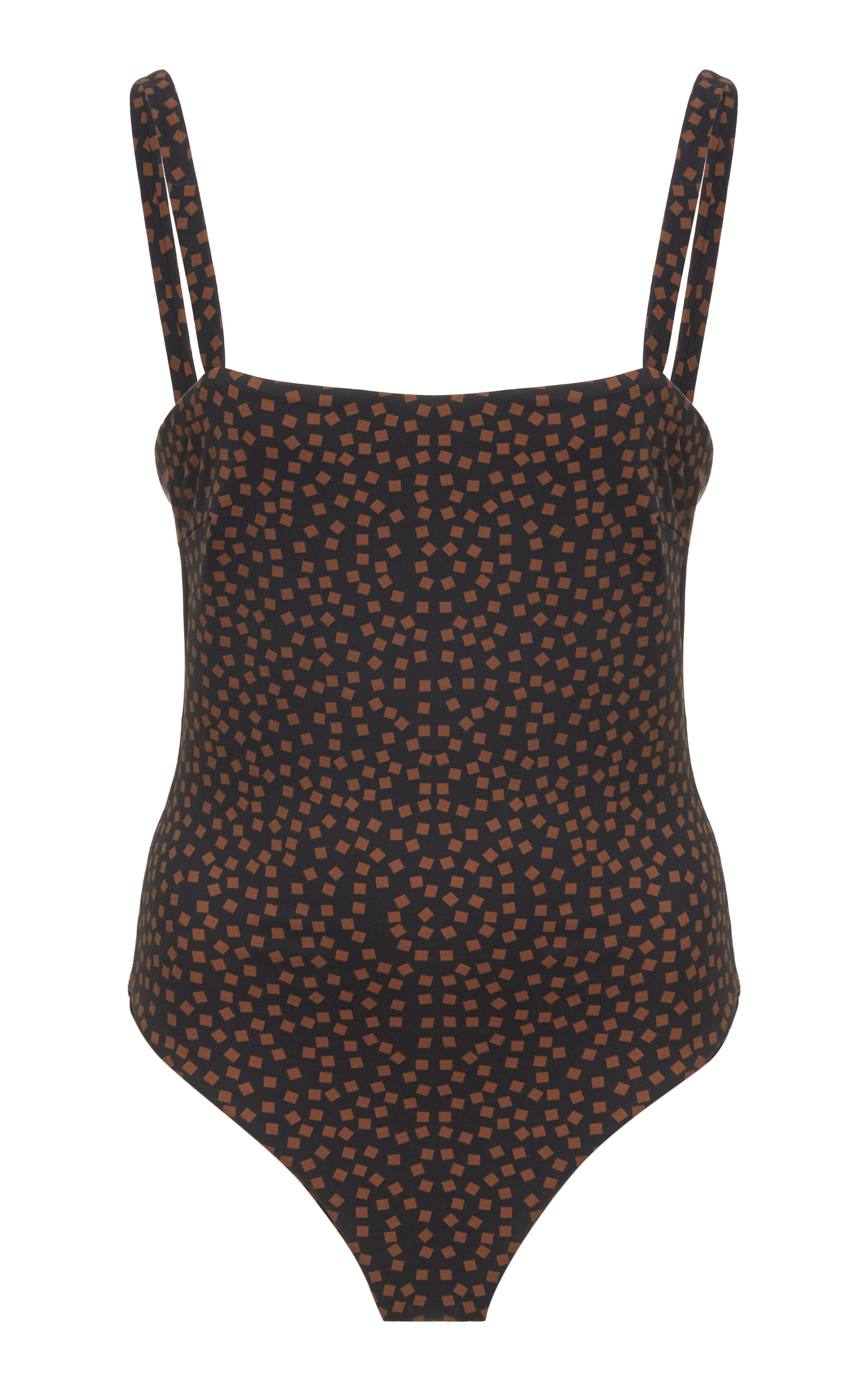 With a ditzy allover polka dot print set on a stretch deep brown, the 'Palma' swimsuit from Asceno i