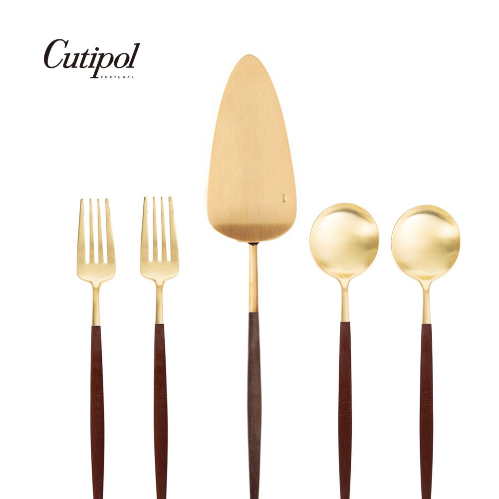 【Cutipol】GOA系列-棕金霧面不銹鋼-午茶分享五件組(蛋糕刀×1 點心叉×2 點心匙×2) 葡萄牙手工餐具