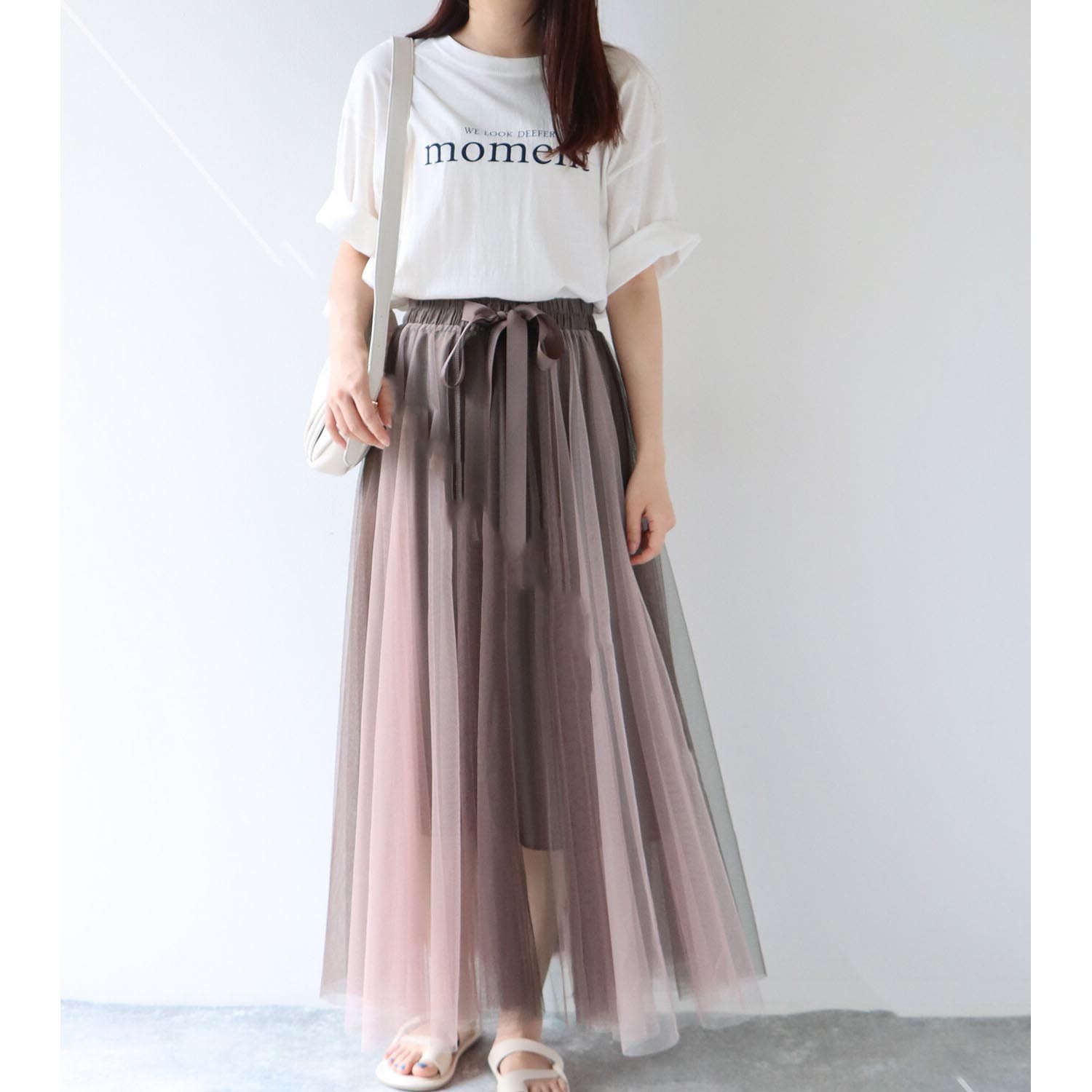 日本 BLUE EAST - 浪漫漸層拼接蝴蝶結綁帶紗裙-咖啡