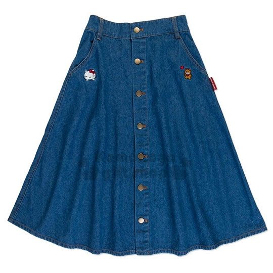 〔小禮堂〕Hello Kitty 牛仔鬆緊傘狀中長裙 《藍.刺繡大臉》長裙.牛仔裙.A字裙 4901610-85633