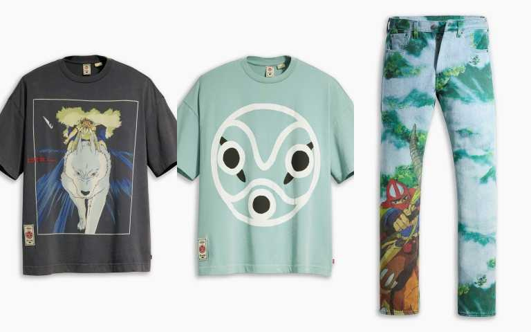Levi's® x Princess Mononoke圖紋短Tee／2,900元、Levi's® x Princess Mononoke 圖紋短Tee／2,900元、Levi's® x Princess Mononoke Ashitaka 501® ’93丹寧褲 ／5,900元（圖／品牌提供）