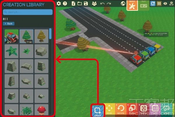 3.接著，點選下方的「1-Creat」新增物件，左邊會跳出物件的視窗，選擇「All」即可瀏覽Game Builder內建的所有物件。