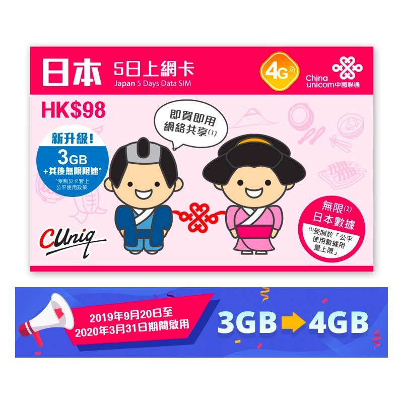 ■中港卡8天5GB(中國聯通)流量/天數/網速：5GB /8天/4G(免翻牆)流量用完降速128kbps吃到飽■大中華30天6GB(中國聯通)流量/天數/網速：6GB /30天/4G(免翻牆)流量用完