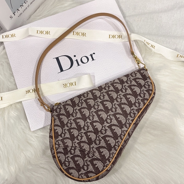 【哈極品】二手美品《Christian Dior 迪奧 咖啡色帆布 緹花布 老花 馬鞍包 手提包/肩背包/腋下包》