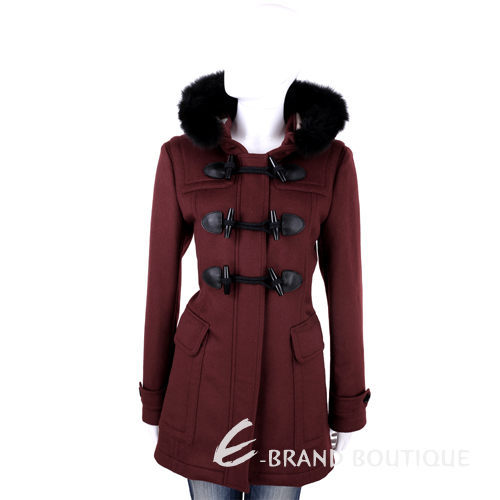 BURBERRY 暗紅色牛角釦羊毛皮草連帽大衣 1510414-74