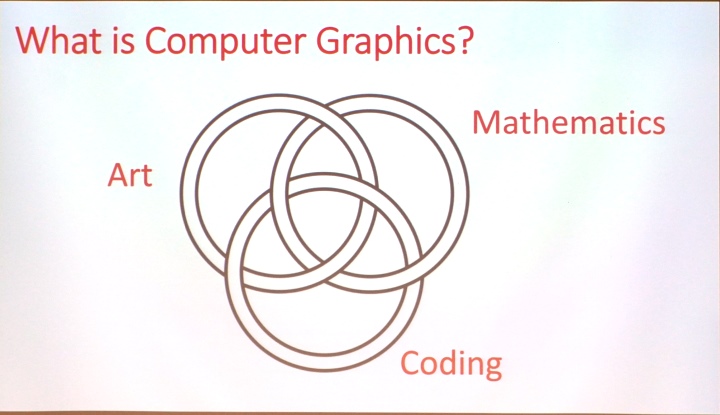 Jos Stam的興趣由藝術、數學、程式所構成，很慶幸自己能找到符合興趣的工作。（簡報投影片為現場拍攝，畫質欠佳敬請見諒，下同）