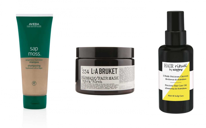 AVEDA檞香保濕洗髮精 200ml／1,000元、LA BRUKET 234樺木彈力亮澤髮膜by 10/10 HOPE 350g／1,900元、Hair Rituel賦活重生修護精華油 100ml／3,000元（圖／品牌提供）