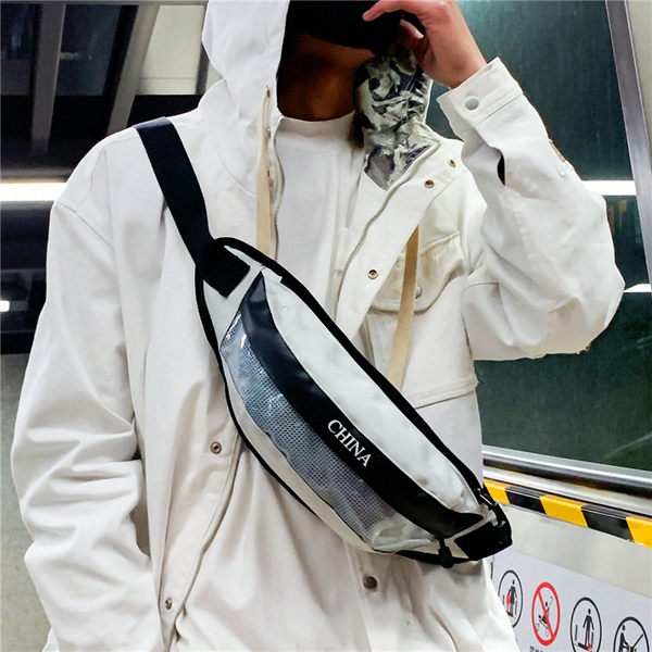 現貨 ins新款潮牌腰包男 男女學生斜挎包個性帆布嘻哈單肩包透明小胸包 型男鞋包 斜背包側背包