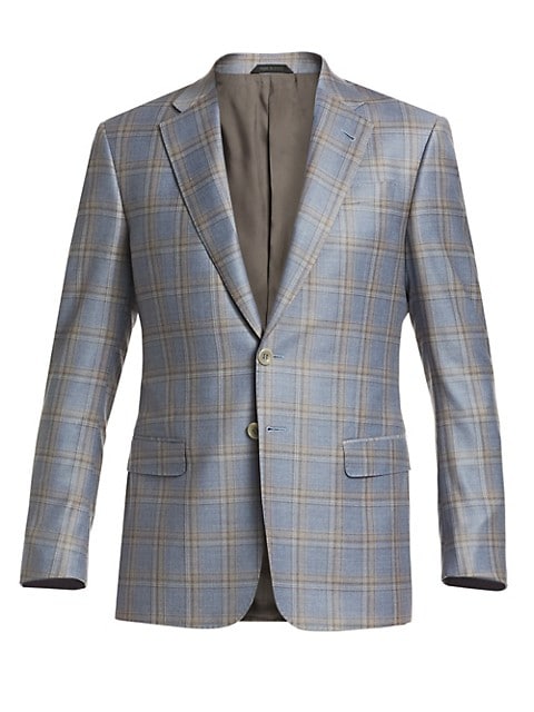 Plaid sportcoat crafted from wool and finished with a slight sheen.; Notched lapels; Long sleeves; S