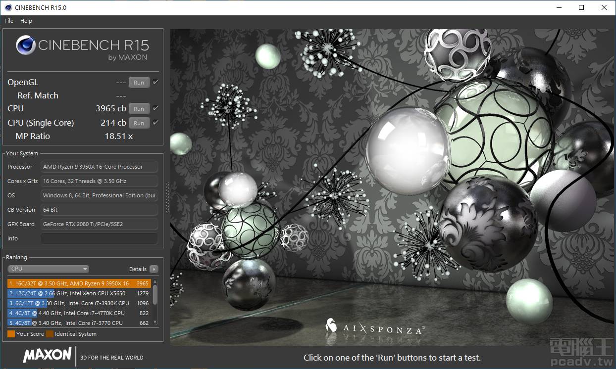 使用 CINEBENCH R15 進行測試，單執行緒獲得 214cb，多執行緒為 3965cb。（點圖放大）