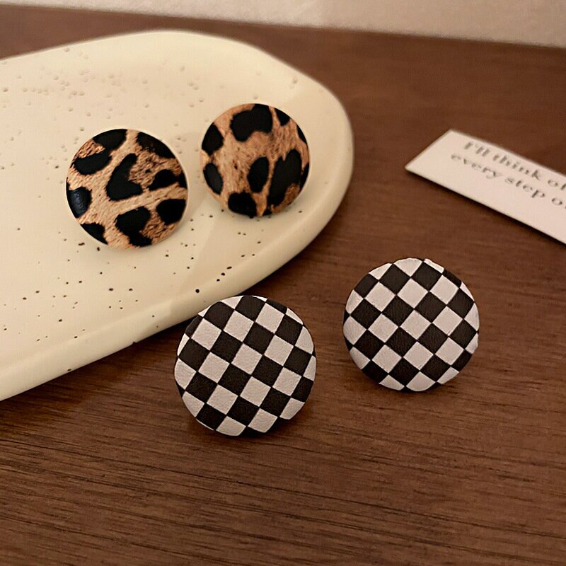 925銀針皮革黑白方格豹紋圓形耳釘韓國棋盤格耳環個性氣質耳飾