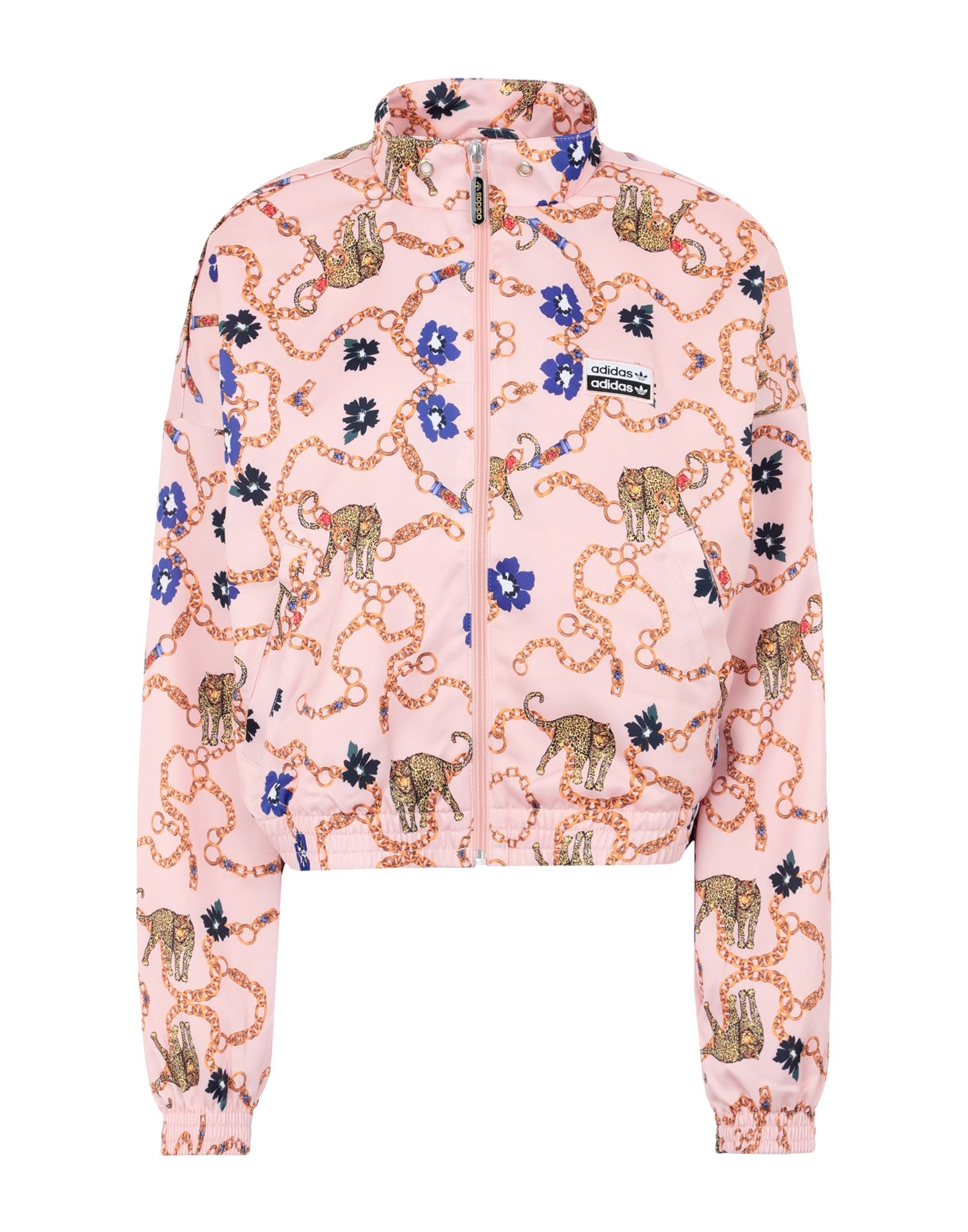 satin, logo, multicolor pattern, single-breasted, zipper closure, turtleneck, multipockets, long sle