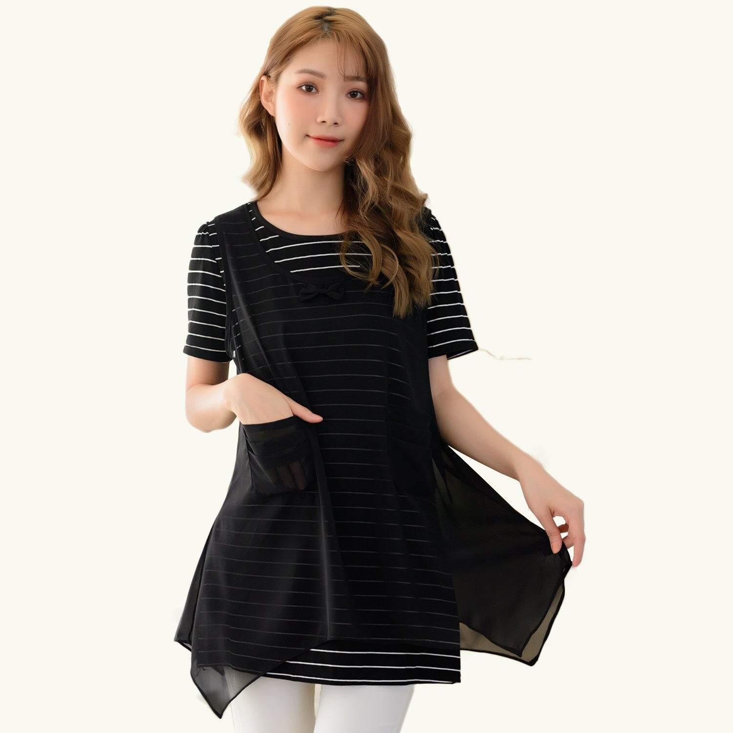 假二件--氣質雪紡口袋背心罩衫條紋假兩件圓領短袖長版上衣(黑.藍L-2L)-U597眼圈熊中大尺碼
