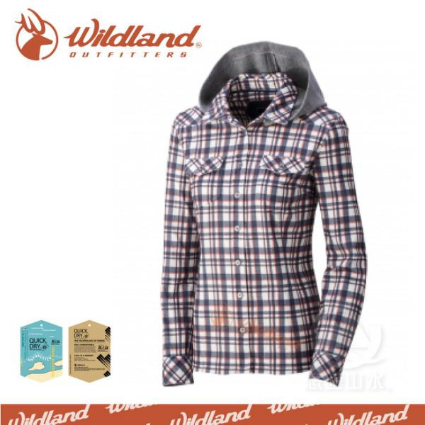 [現貨]Wildland 荒野 女 彈性格紋連帽保暖襯衫《深藍》/0A32201-72/保暖帽T/休閒服/連帽T/刷毛衣