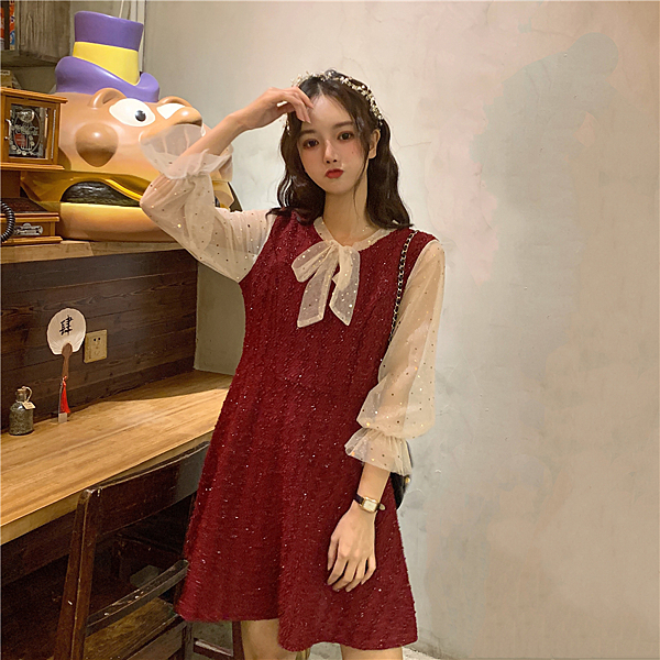 VK旗艦店 韓國風拼接網紗喇叭袖亮片顯瘦長袖洋裝