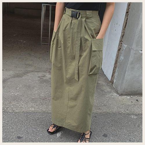 ✦Styleon✦正韓。率性插扣腰帶高腰大口袋長裙。韓國連線。韓國空運。0710。
