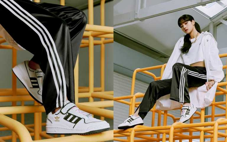 adidas Originals BELLISTA短版T恤 ／ 1,690元；長版風衣外套 ／ 4,890元，緞面寬褲／3,290元；FORUM PLUS女生鞋款／4,290元（圖／品牌提供）