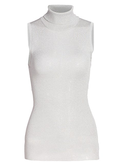 This sleek knit turtleneck top is cut with a slim sleeveless fit and woven through with shimmering s