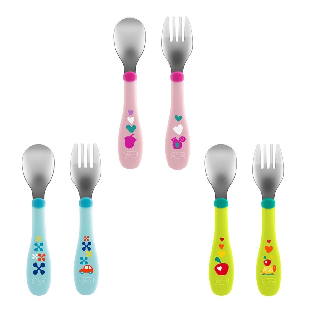 義大利chicco - 不鏽鋼幼兒叉匙組 寶寶的專屬餐具 不鏽鋼叉匙口適合寶寶小嘴，小巧輕便，讓寶寶自己學習進食。 符合人體工學握柄，寶寶好抓握。