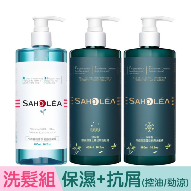 【SAHOLEA森歐黎漾】經典熱銷 洗髮精三入組(水漾薔薇+茶樹控油止癢+茶樹勁涼蓬鬆)