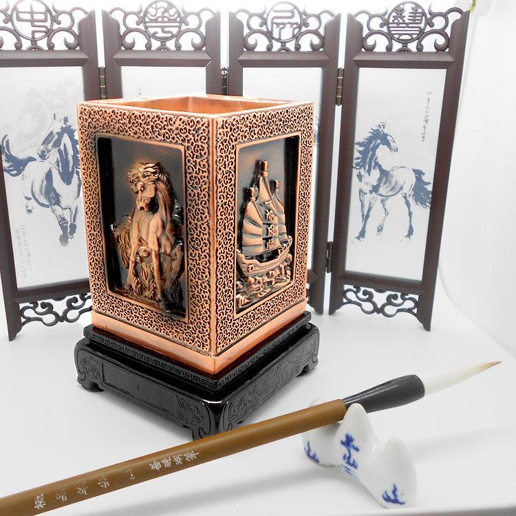 天下第一福四季迎福生肖馬大展宏圖鷹帆船筆筒辦公擺件商務送禮