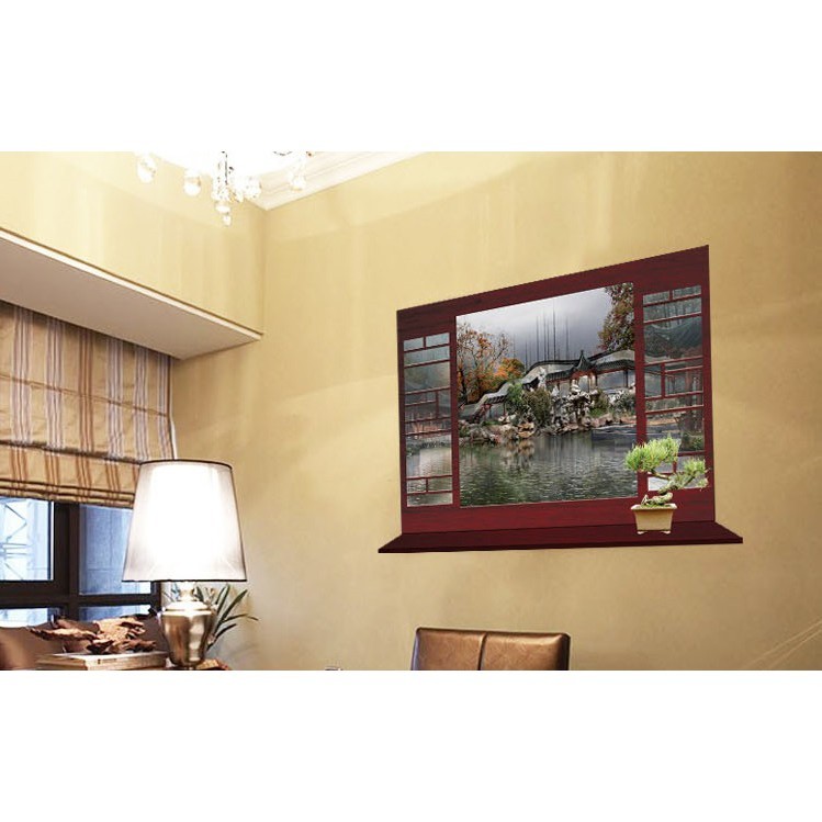 商品名稱:壁貼--中式庭院窗戶風景畫 商品尺寸:約60X90CM 商品材質:PVC 透明膜 商品產地:中國 商品說明: 次款產品色彩亮麗， 材質為透明膜，採用進口底紙,既環保又防水， 圖案豐富有創意,