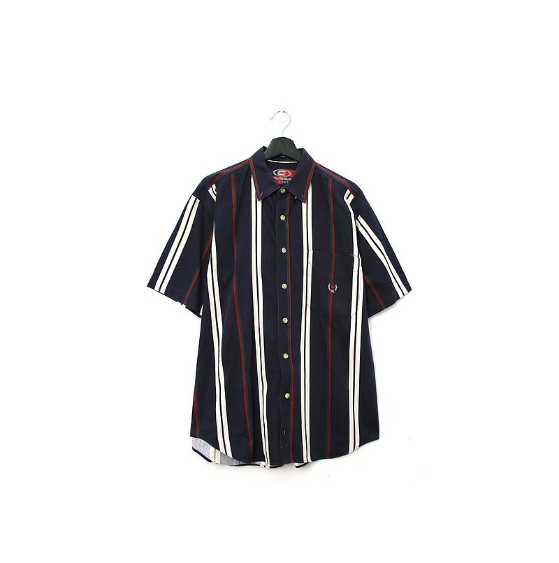 Back to Green- 短袖條紋襯衫 英倫 深藍 vintage shirt