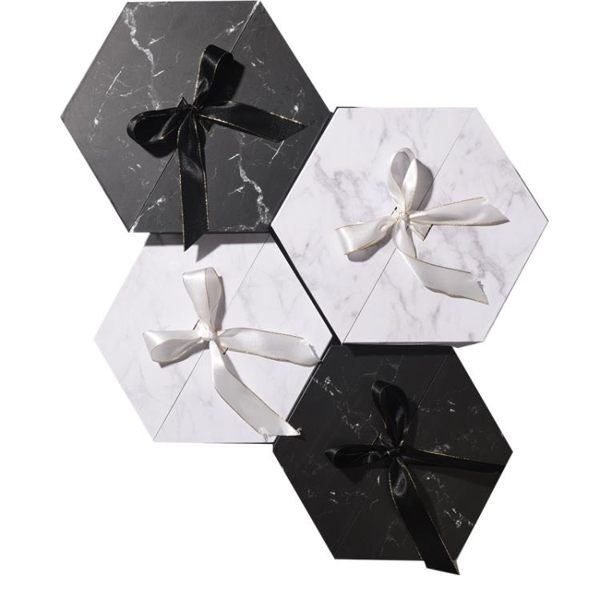 六邊形大理石禮物盒六角形禮盒包裝盒白色黑色禮品盒簡約創意JD BBJH