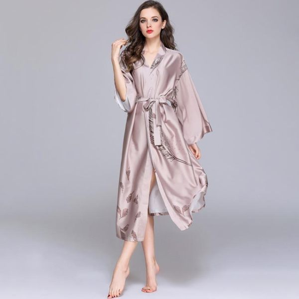 睡衣女春秋季冰絲綢長款睡袍大碼性感浴袍夏季睡裙薄款家居服和服