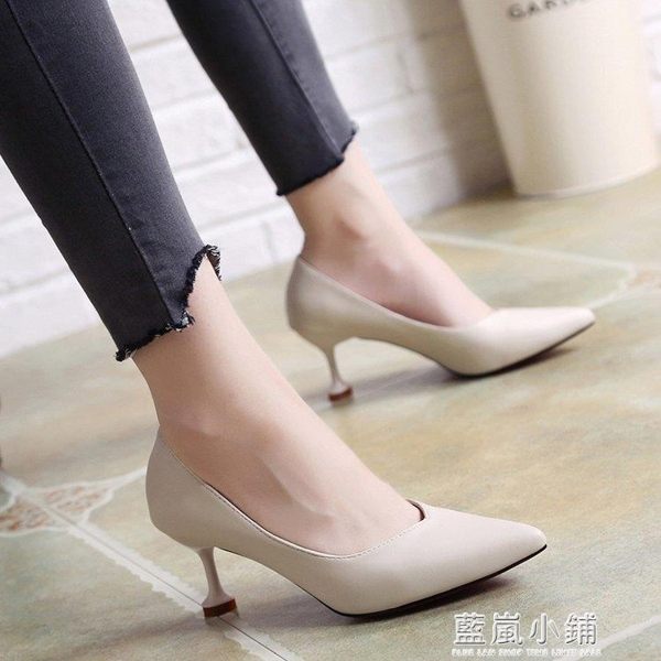 小清新高跟鞋少女細跟尖頭2019新款百搭 夏季貓跟鞋裸色公主5cm 藍嵐