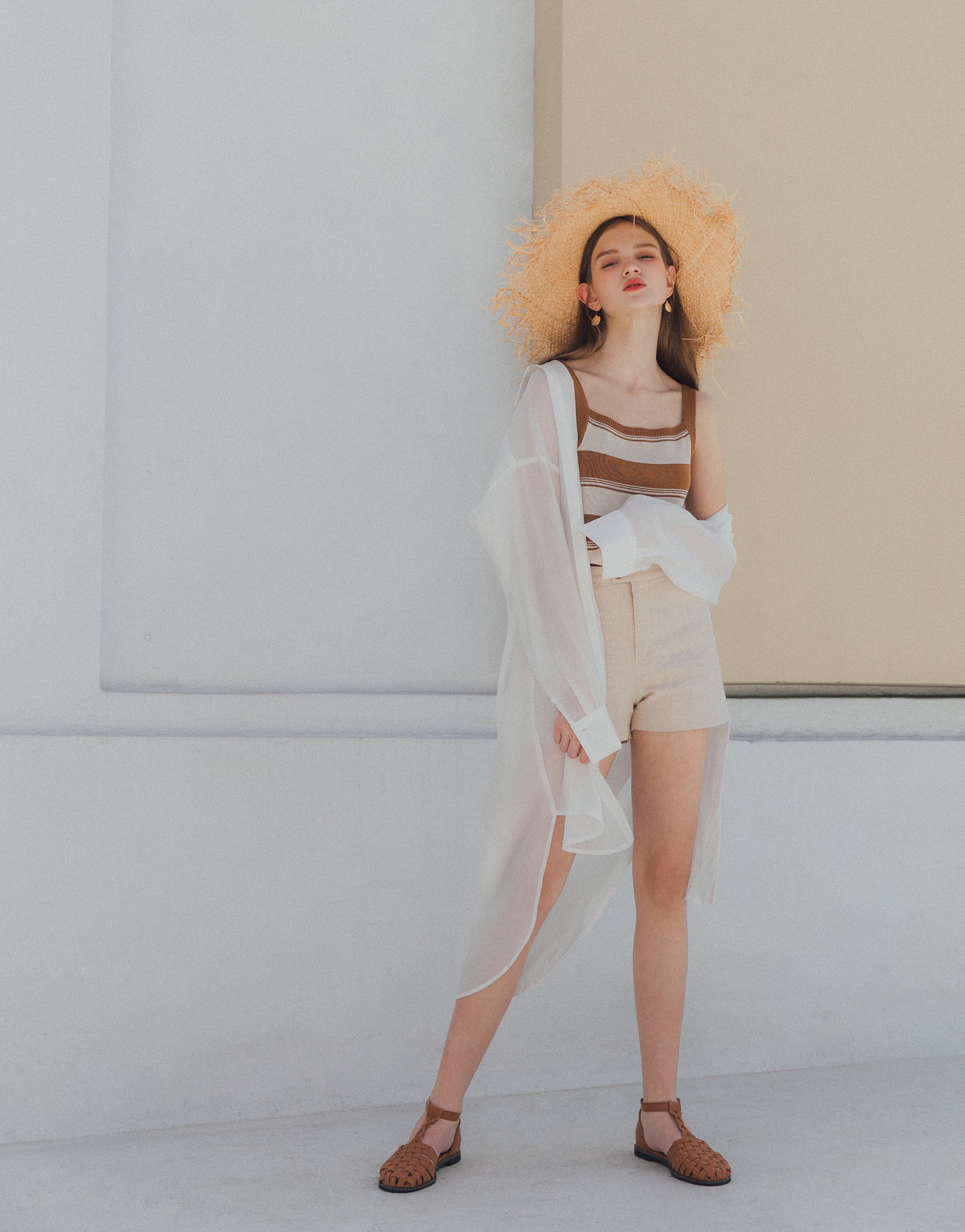 PAZZO+走路有風質感微透肌長版襯衫