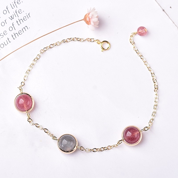 天然草莓晶手鏈 女 招桃花轉運飾品 學生閨蜜水晶手鏈 百搭ins風 尺寸：16-17cm可定制