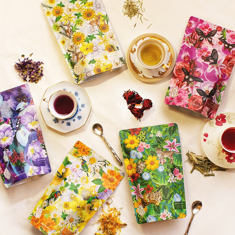 純天然花草製成，無咖啡因、無化學添加、無化學色素、無蔗糖，原料採用台灣本土雲林與台東種植作物。