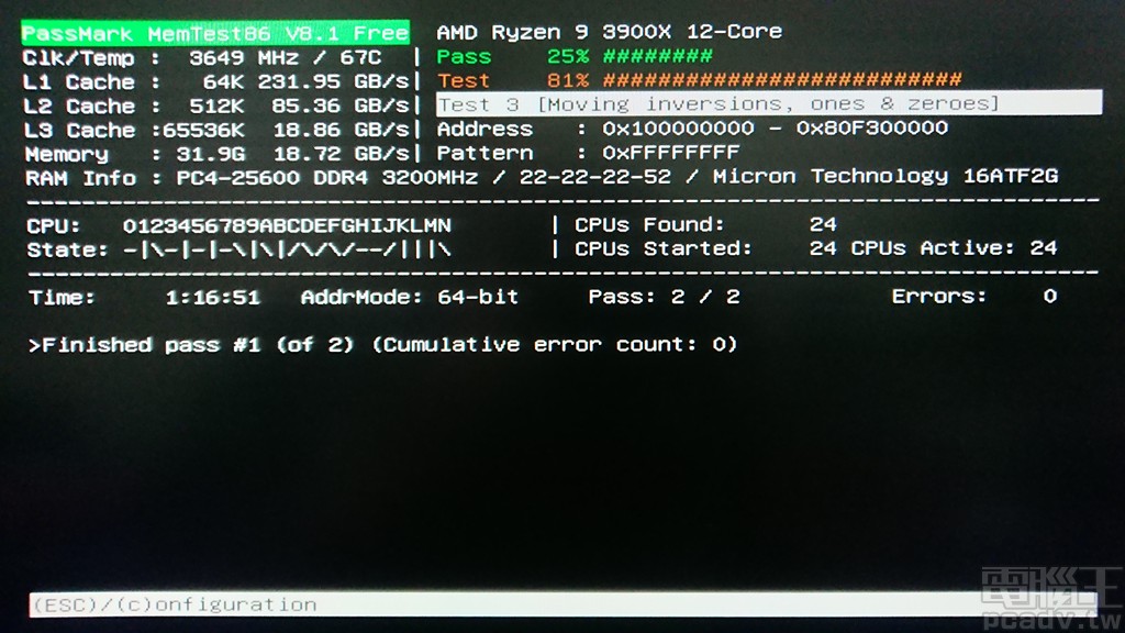 ▲ 以穩定性為前提的超頻測試，Crucial CT16G4DFD832A 16GB x 2 雙通道可於 Ryzen 9 3900X、X570 AORUS Master 達成 DDR4-3667 21-21-21-49 1T 1.35V 通過 MemTest86 1 Pass 。