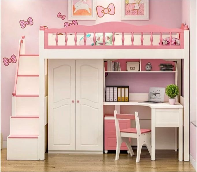 綠巨人家具網*學生床女孩公主床高低床带書桌雙層床多功能组合床上床下桌省空间,樂天雙11