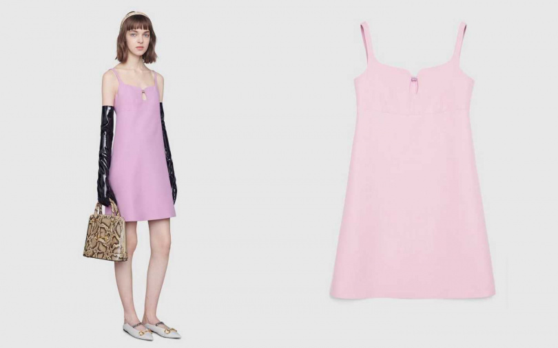 在胸前以方形G鑽飾做出鏤空，讓涼爽程度再加成。GUCCI Short wool silk dress with Square G 洋裝／約59,950元（圖／品牌提供）