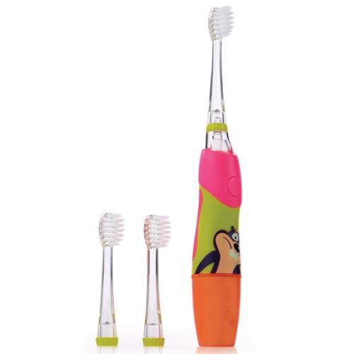 Brush-Baby2015最新力作上市專門為了開始學習自己刷牙的幼童小牙齒所設計，橢圓形長短毛刷頭，兒童因為無法使用牙線清潔齒縫，FlossBrush-獨特柔軟的杜邦刷毛，短刷毛清潔牙齒表面，長刷毛