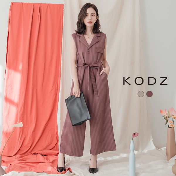 東京著衣【KODZ】KODZ-質感知性直條紋綁帶翻領連身寬褲-S.M.L(190338)