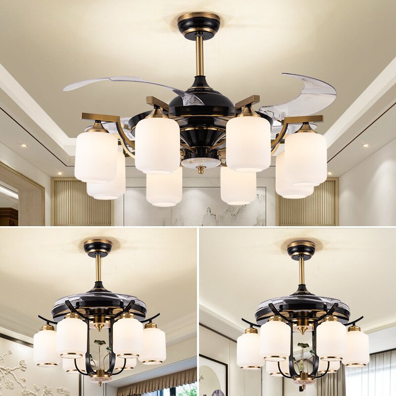 新中式全銅風扇吊燈客廳現代簡約隱形風扇燈具餐廳臥室吸頂吊扇燈