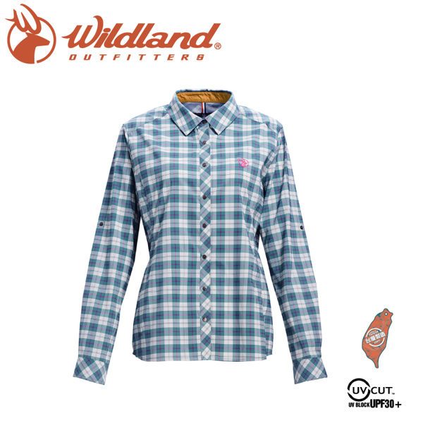 【Wildland 荒野 女 彈性抗UV格子長袖襯衫《湖水藍》】0A71203/登山休閒服/快乾機能衣/防曬襯衫