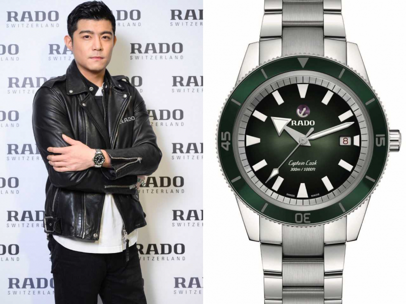 （左）男星王柏傑，為台北遠東百貨信義A13的RADO全新概念店站台，展現多變風格；（右）RADO「Captain Cook庫克船長」300米復刻自動腕錶╱64,900元（圖╱RADO提供）