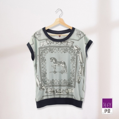 ILEY伊蕾 畫框木馬絲巾印花上衣(灰)