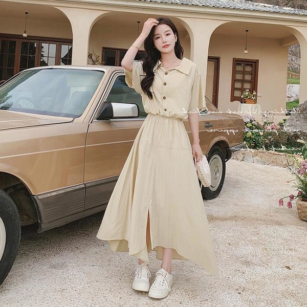 長裙 實拍米杏色法式襯衫連身裙女夏季不規則開叉感休閒桔梗子洋裝