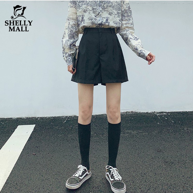 [希希家] 短褲 韓版寬鬆西裝短褲 a字短裤 休閒短褲 闊腿短褲 素色褲子 熱褲 高腰褲 運動短褲 百搭褲子 女生衣著