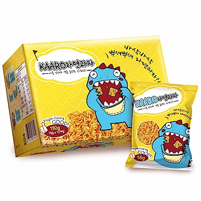 超有人氣的KAARO小恐龍點心脆麵在這邊向你招手～酥脆的口感，大口大口咬下，瞬間衝出的洋蔥大蒜香完美的重現在口中，喀拉喀拉的口感越咬越有勁