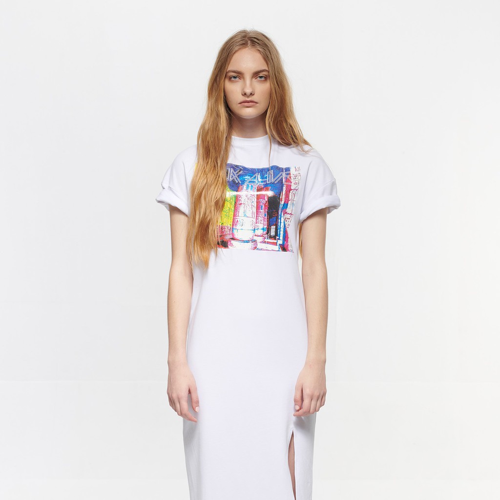 PINK SELFIE 白色短袖運動長版開叉洋裝