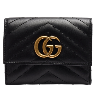GUCCI Marmont仿舊金色雙G LOGO牛皮山字車紋暗釦三摺短夾(黑)