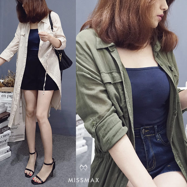 雙口袋落肩綁帶襯衫 袖口反摺罩衫 襯衫洋裝 專櫃質感(100%棉麻)