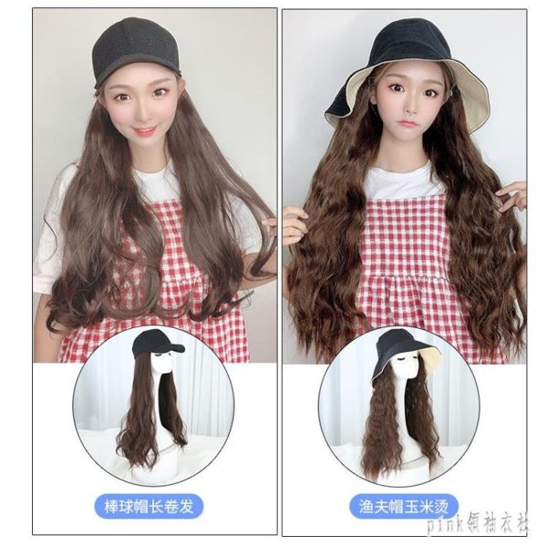 漁夫帽子假髮一體女全頭套夏天網紅時尚遮陽帽日系百搭韓版防曬帽 qf25849【pink領袖衣社】